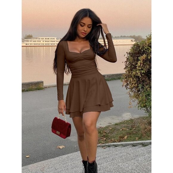 Women's Coffee Square Neck Long Sleeves Ruched Ruffle Corset A Line Party Dress - Picture 4 of 4